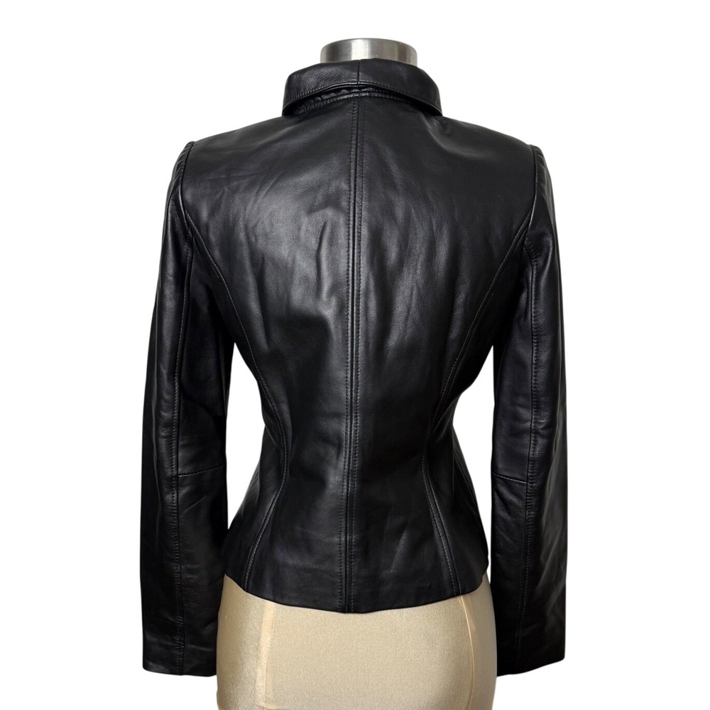 INC International Concepts Black‎ Leather Ruffle Jacket Women S Moto Chic - Picture 3 of 14